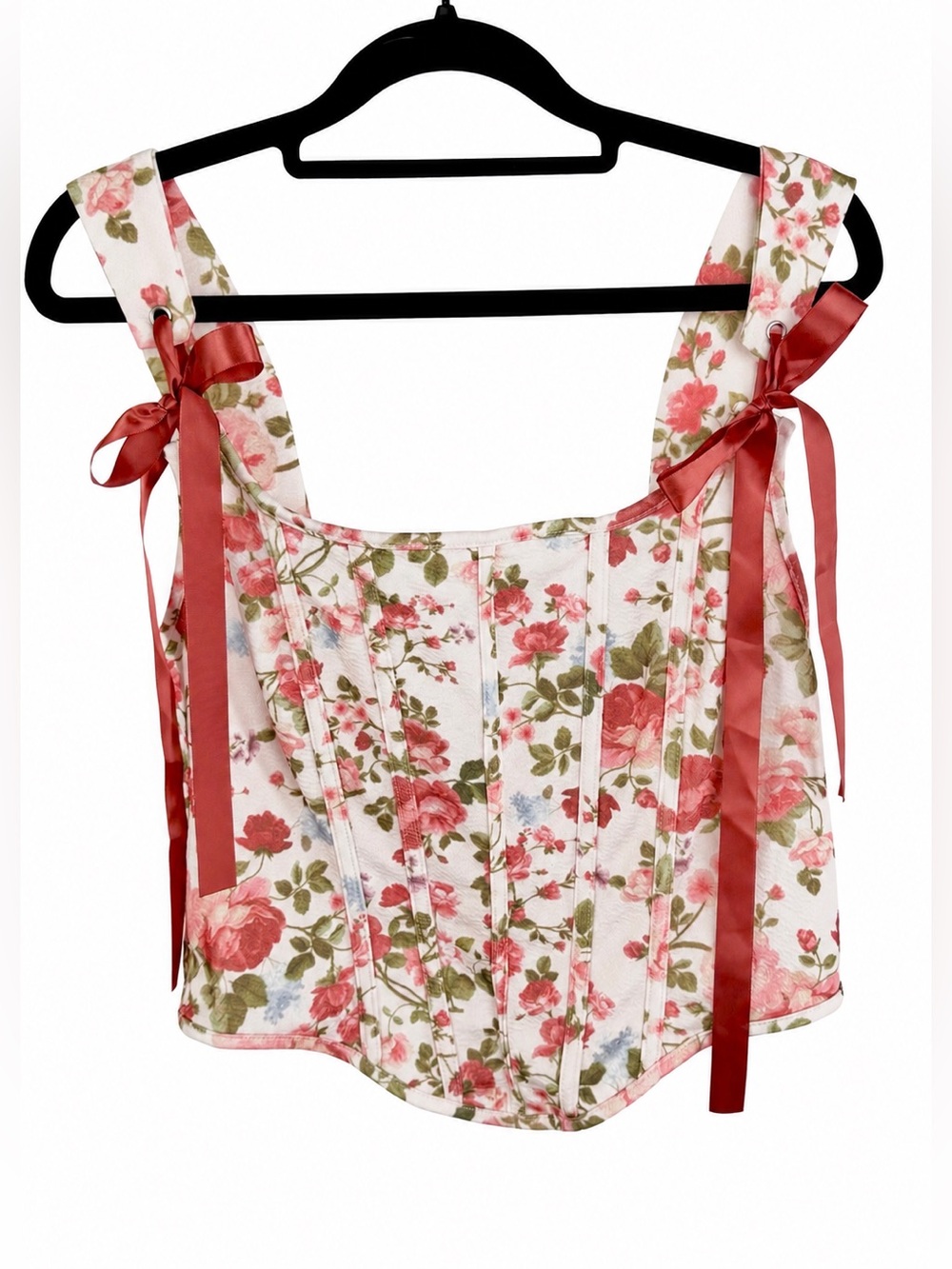 SHEIN Floral Corset Top Lace Up Ribbon Bow Coquette Size L